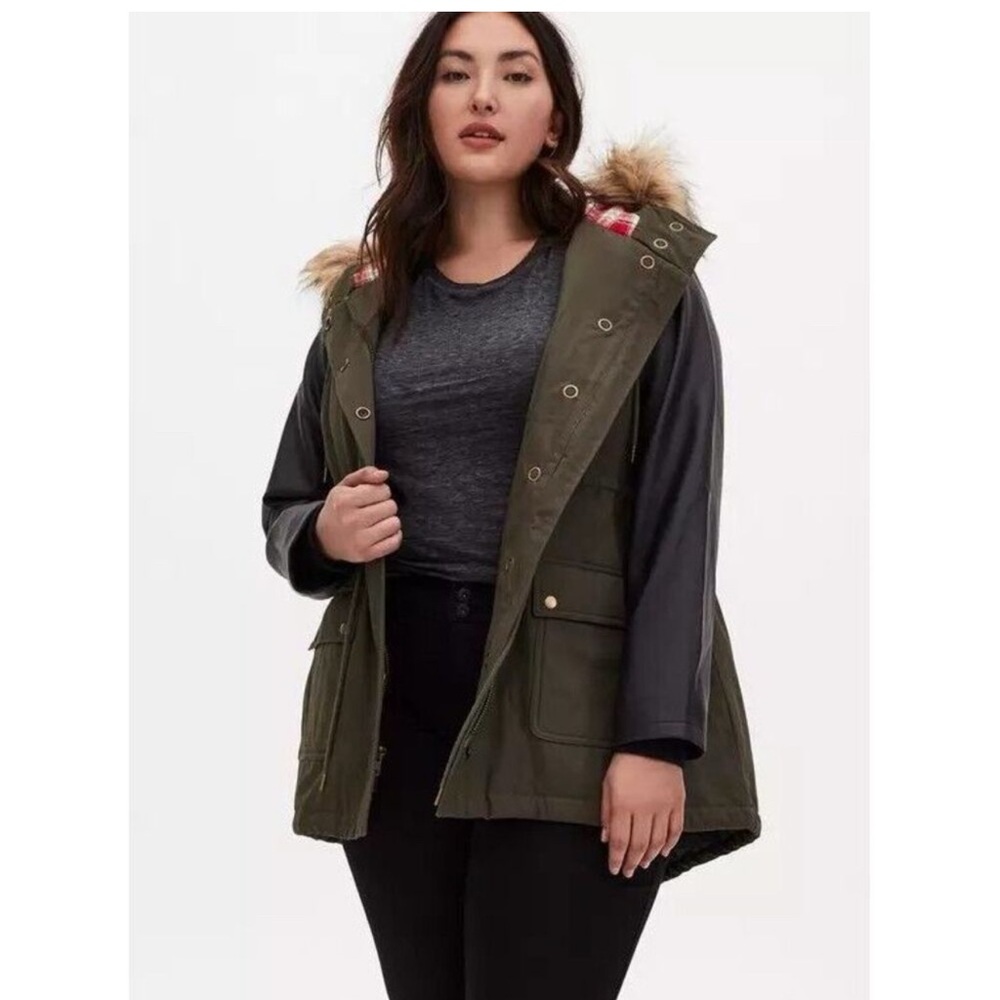 NWT Torrid Womens  Sz 1 (14/16) Olive Green Parka Coat With Faux Leather & Fur